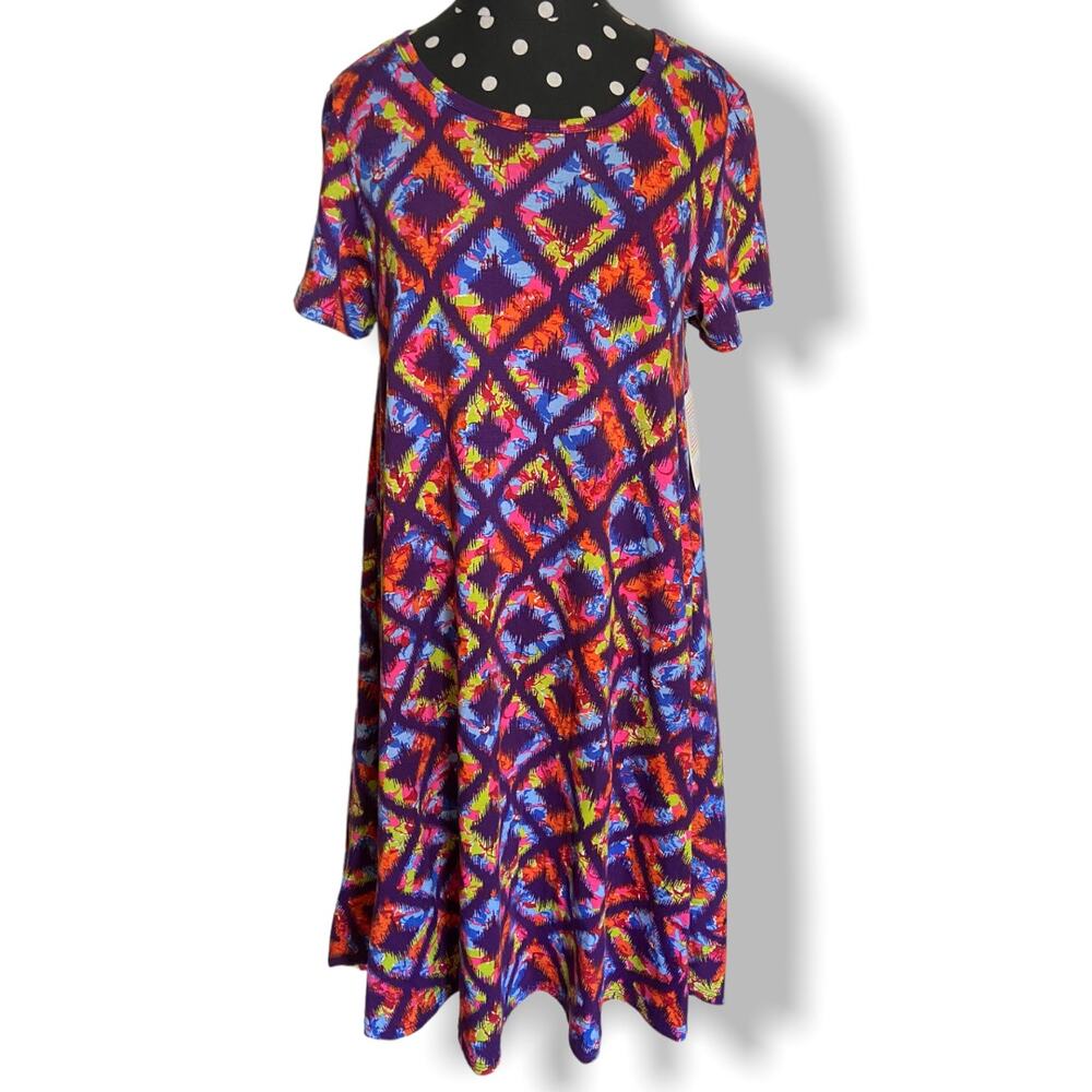 LuLaRoe Womens Dress Size XS Carly Hi Low Diamond Floral Purple Pink Neon NEW